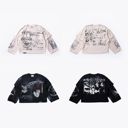 FVVO“SKELETON” broken hole T-shirt 朋克骷髅印花长袖