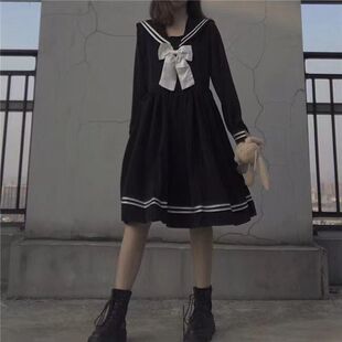 学院风长袖连衣裙韩版宽松日系小清新黑色海军领可爱学生jk裙子女