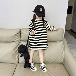 女童连衣裙儿童笑脸中长款卫衣裙女宝宝洋气条纹连衣裙中长款卫衣