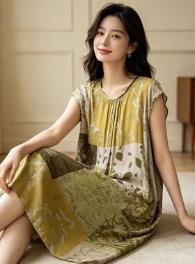 女士夏季连衣裙民族风时尚大码宽松裙子妈妈装短袖遮肉显瘦连衣裙