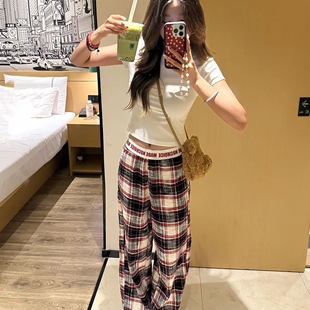ins网红同款格子字母睡裤女春秋季新款休闲风韩版直筒复古居家裤