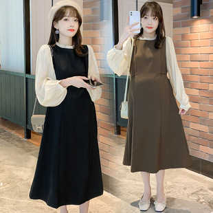 孕妇连衣裙2025秋季时尚拼接假两件孕妇中长款裙子秋冬装长袖
