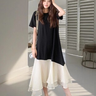 拼接荷叶边短袖连衣裙女夏季2025新款轻奢高级感显瘦气质鱼尾长裙