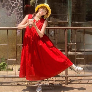 法式复古红色无袖系带背心连衣裙女夏季新款小个子收腰显瘦中长裙