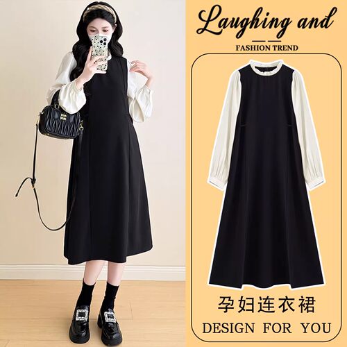 孕妇连衣裙2025新款秋装假两件拼接长袖裙子孕妈法式穿搭大码收腰
