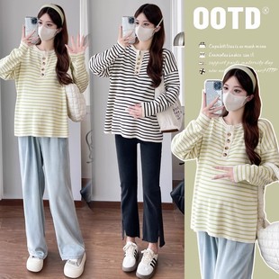 宽松条纹百搭显瘦休闲秋装 孕妇装 韩版 上衣2025新款 T恤女 春秋长袖