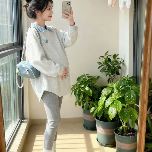 孕妇中长款卫衣秋冬新款时尚翻领假两件卫衣长袖上衣宽松显瘦百搭