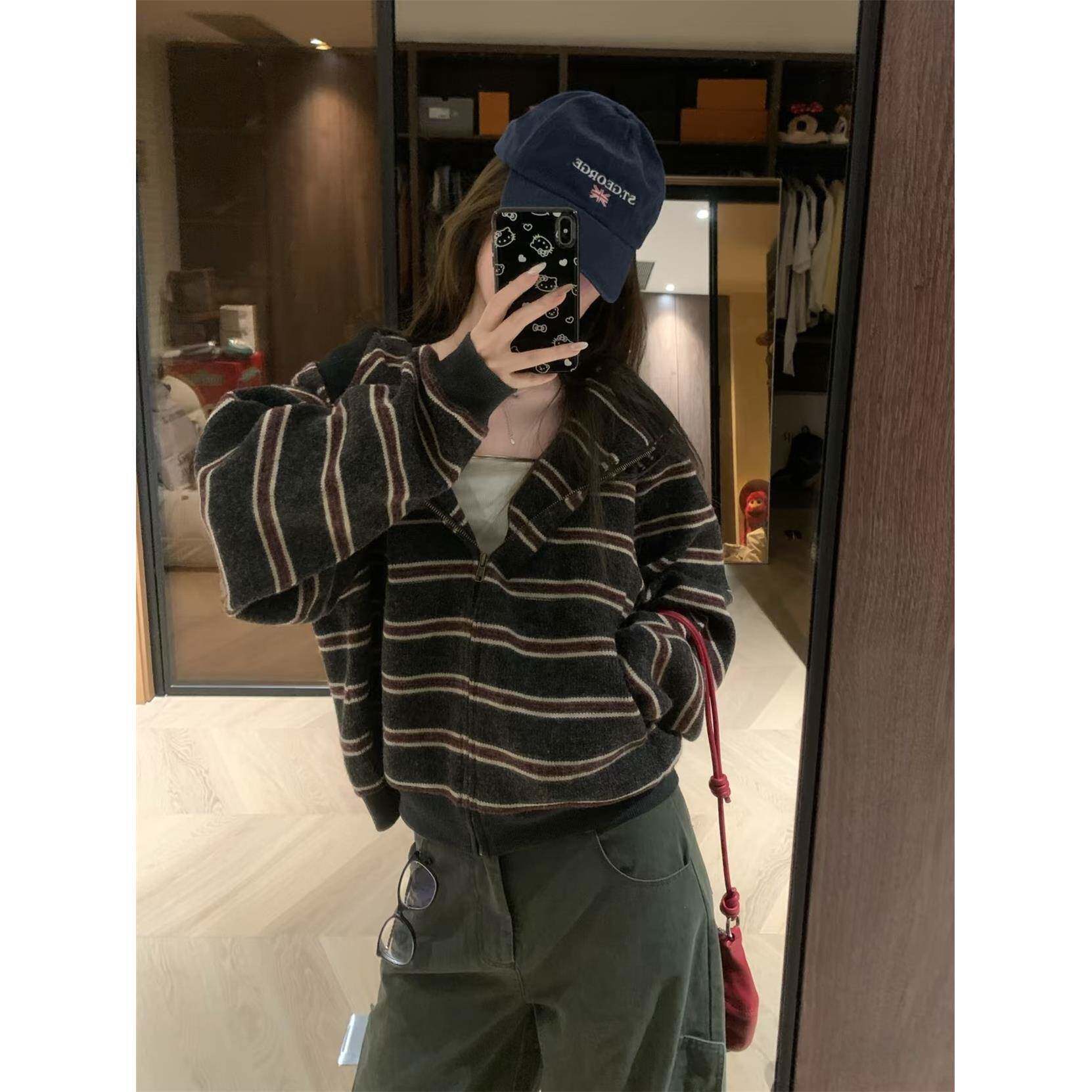 Daisy Bomb 慵懒随性条纹连帽宽松休闲卫衣外套女秋冬长袖上衣