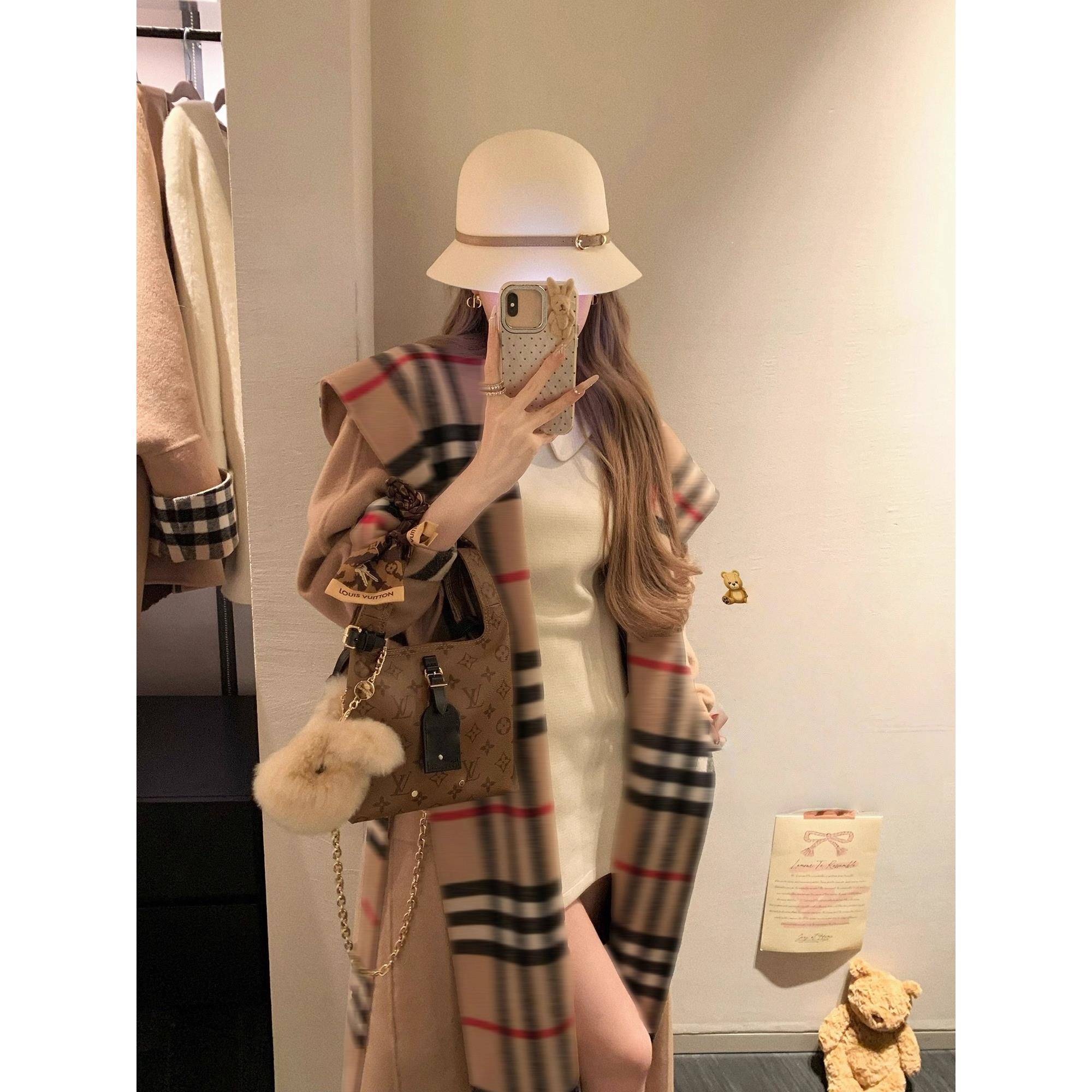 NSS赫本往事 格子双面呢羊毛大衣秋冬新款连帽中长款毛呢外套女