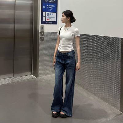 SadSoil 赛络纺蓝色微喇牛仔裤女低腰修身显瘦做旧长裤阔腿裤秋冬