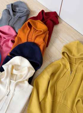 2025秋冬简约时尚连帽抽绳双拉链针织开衫毛衣外套女1111 G111101