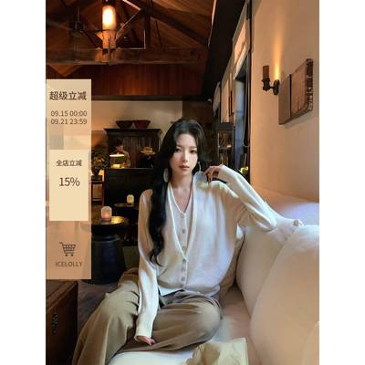 ICELOLLY假两件白色羊毛针织衫女2025新款秋季穿搭毛衣开衫外套