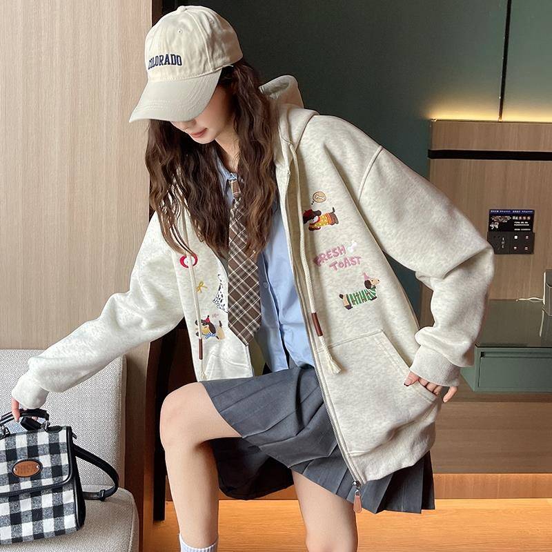 灰色卫衣女2025新款春秋可爱学生腊肠狗开衫拉链设计感学院风外套