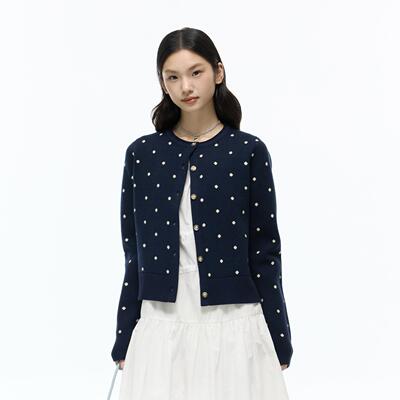 SAME OLD藏蓝色新款复古波点满印毛衣针织开衫女外套百搭显瘦上衣