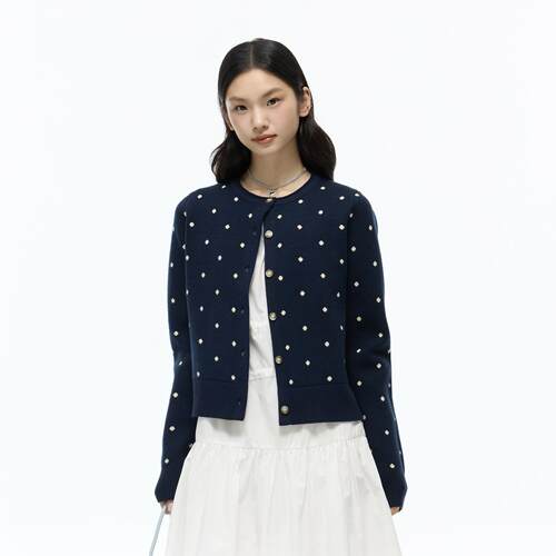 SAME OLD藏蓝色新款复古波点满印毛衣针织开衫女外套百搭显瘦上衣