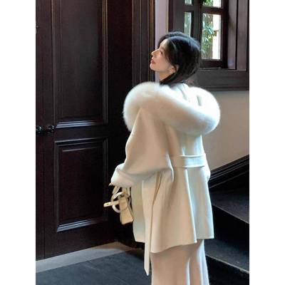 白色双面羊绒大衣女2025秋冬装新款小个子高级感斗篷羊毛呢子外套