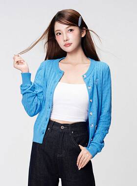 BUBBLELEY 秋季孔雀蓝慵懒风毛衣圆领外套刺绣针织显瘦休闲开衫女