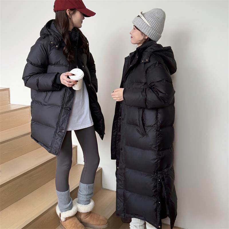 简约通勤黑色羽绒服女中长款2024新款冬装白鸭绒宽松过膝外套加厚