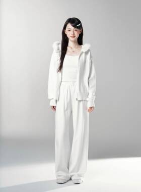 BUBBLELEY 秋季纯白可拆卸刺绣毛领开衫连帽毛衣拉炼外套针织衫女