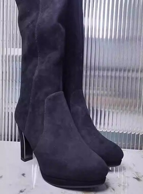 HS哈森断码正品日常高跟绒布内里侧拉链过膝真皮女靴子ha82419