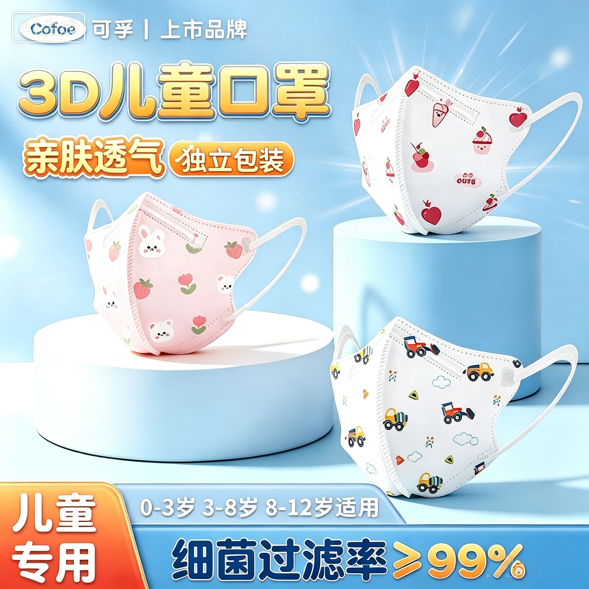 可孚3d立体医用儿童口罩0到3岁一次性3-8岁女孩秋冬专用宝宝婴儿图片