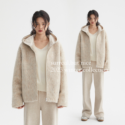 surreal 秋冬杏色马海毛绒休闲宽松拉链连帽衫慵懒风上衣外套夹克