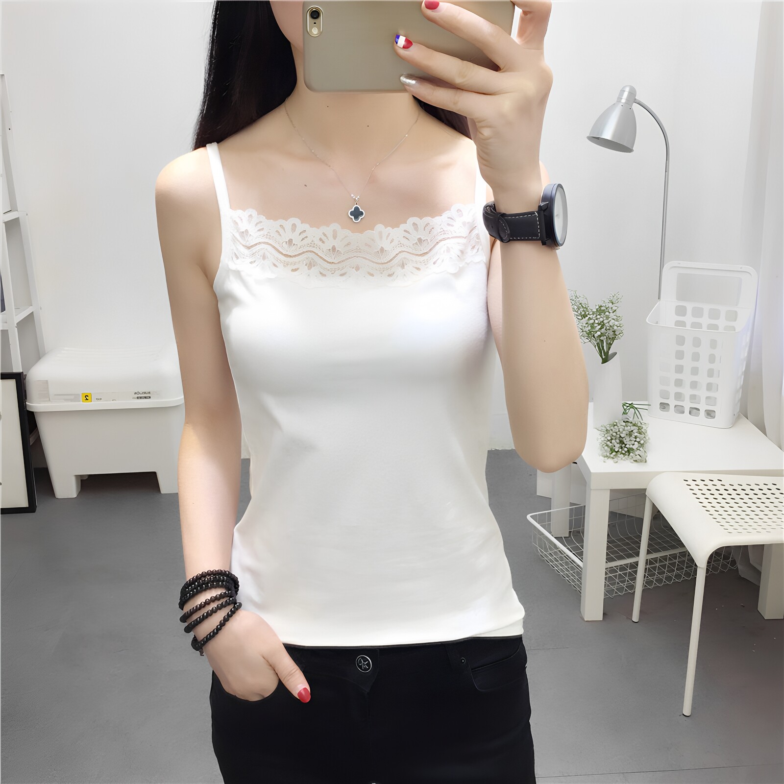 纯棉白色打底蕾丝吊带背心女内搭图片