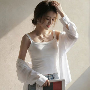 纯棉白色一字领吊带背心女内搭2026新款 打底美背无胸垫 夏上衣西装