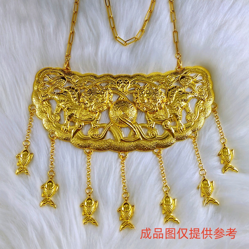 亿铜饰品DIY 仿文物金狮平安锁180x85mm璎珞项圈吊坠超大霞帔吊坠