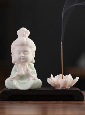 观音菩萨陶瓷小佛香插香座线香托香盘香炉香道香薰摆件家居装饰品