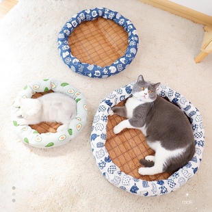 猫窝夏季亚麻凉席窝垫子降温避暑狗窝猫窝藤编垫方形凉窝清凉睡床