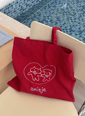 屿鱼文创《红色小狗》百搭通勤单肩大容量帆布包托特红色