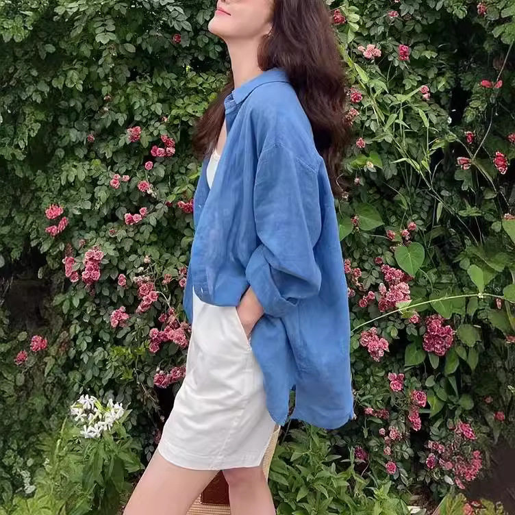 法式松弛感亚麻蓝色苎麻防晒衬衫上衣女夏季棉麻别致薄款衬衣罩衫