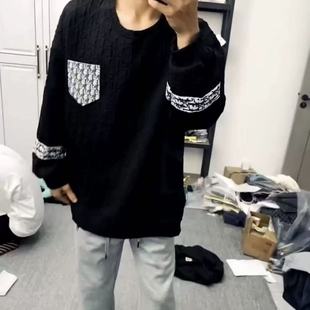 潮牌街头外穿卫衣男生春秋季潮流百搭圆领宽松港风口袋拼接长袖