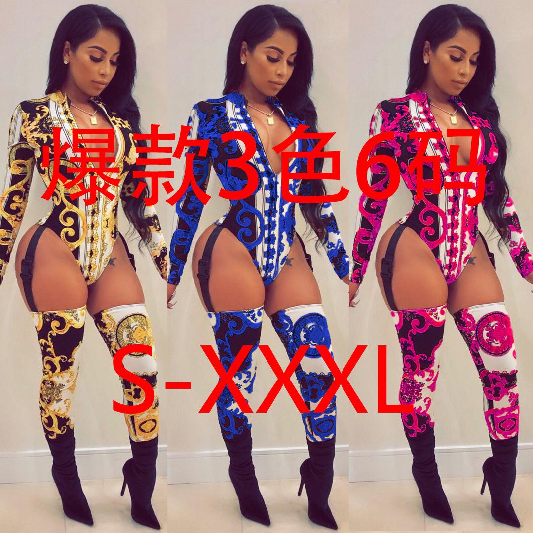 Women's printed zipper buckle webbing jumpsuit