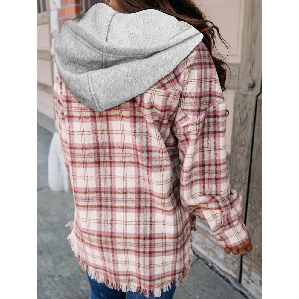 Fashionable plaid patchwork hooded jacket for women with fur