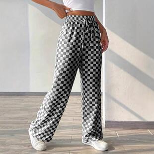 leg for pocket Checkered straight pants printed wide