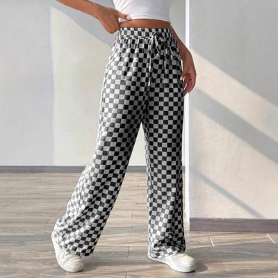 Checkered printed pocket straight leg wide leg pants for