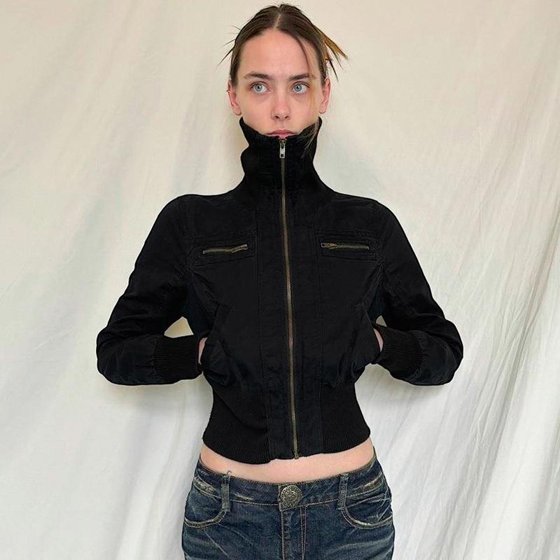 Waist zipper stand up collar jacket for female workers,