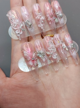 纯手工穿戴甲高级感水彩晕染微雕立体蝴蝶美甲成品可拆卸假指甲