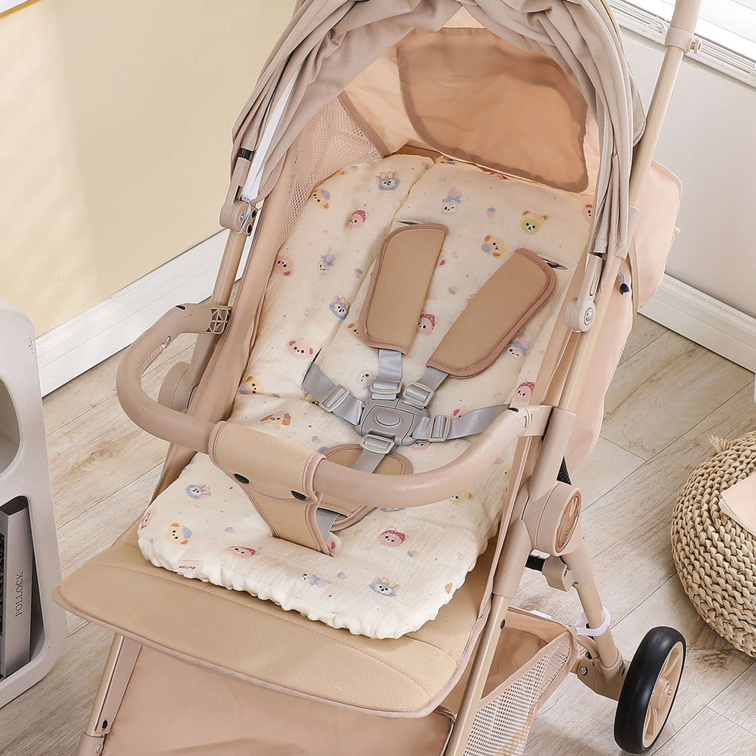 婴儿车垫宝宝小推车坐垫棉垫四季通用加棉透气豆豆绒遛娃座椅车垫