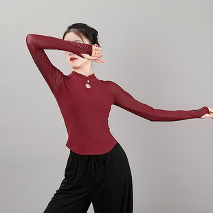 舞蹈服女修身显瘦烫钻套指古典舞上衣新中式民族舞训练服演出服装