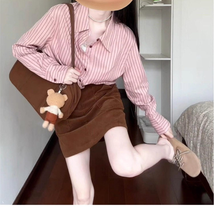 法式粉色条纹衬衫套装裙子女早春季2026新款小个子气质一整套短裙