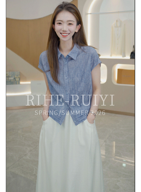 RH【珍珠绉小POLO】1063显瘦气质小POLO牛仔色珍珠绉桑蚕丝衬衫