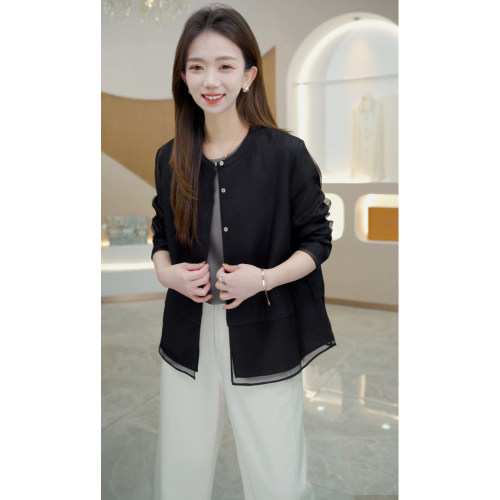 R H 高端亚麻拼欧根纱短外套2026秋季新款气质宽松显瘦长袖上衣女