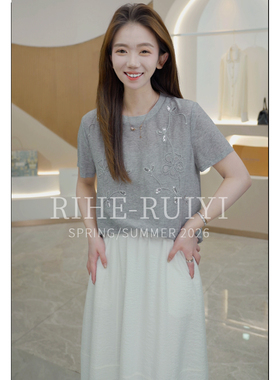 RH【线描小亮片】RH809春夏新款复古气质显瘦刺绣双绉桑蚕丝T恤