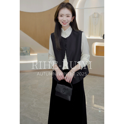 R H【素帛】春夏新款质感气质显瘦木耳拼边32MM重磅丝毛马甲RH591