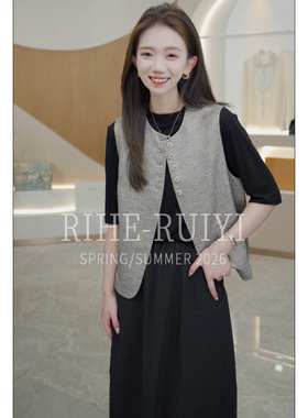RH【黑金亚麻】2026新款气质宽松显瘦亚麻排扣马夹RH662