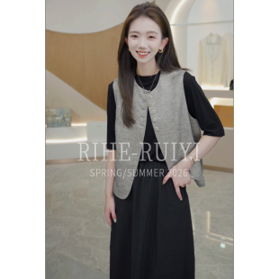 气质宽松显瘦亚麻排扣马夹RH662 2026新款 黑金亚麻