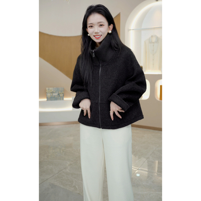 R H 【曼城】牦牛绒休闲显瘦设计师款拼色双面羊毛大衣09822